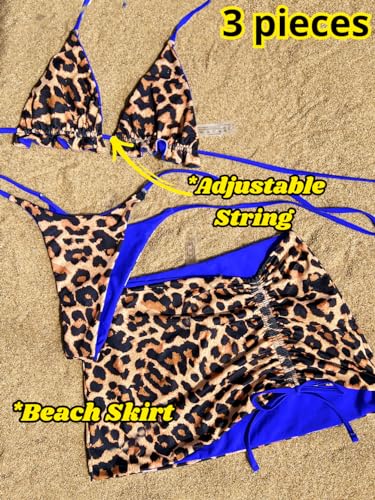 Image of ShawGobow Womens 3 Piece Leopard Bikini Set,Triangle String High Cut Thong Sexy Swimsuit & Coverup Skirt,Pool Party Outfit