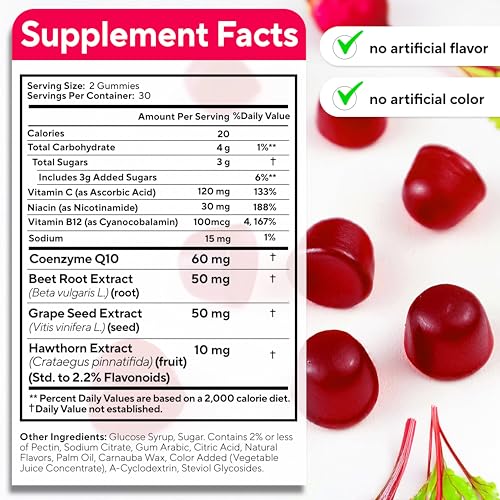 VitaUp Beet Root Gummies – Beetroot Supplement with CoQ10, Grape Seed, Vitamin C, B12 & B3 – Nitric Oxide Gummies for Circulation Support – Beet Supplement for Energy & Immune Support – 60 Beets Chews
