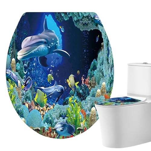 Inodoro autoadhesivo - Tapa de inodoro en el mar | Decal de baño colorido de pescado | Etiqueta de la cubierta del tanque del inodoro | Arte de pared autoadhesivo imper