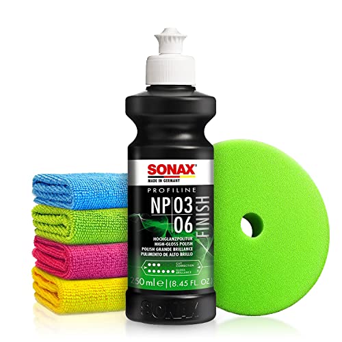 Autopolitur Set: Sonax Profiline NP 03-06 Hochglanzpolitur (250ml) - Anti-Hologramm-Politur zum professionellen Polieren von matten und verkratzten Lacken - Auto polieren, Glanzpolitur | 6-teilig