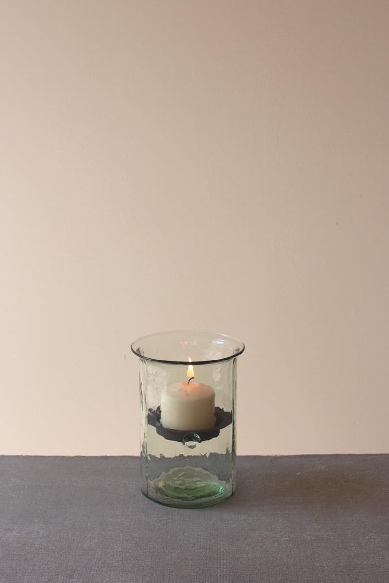 First of a Kind Glass Hurricane Pillar Candle Holder with Rustic Metal Insert, Perfect as a Centerpiece (8" Tall Clear)