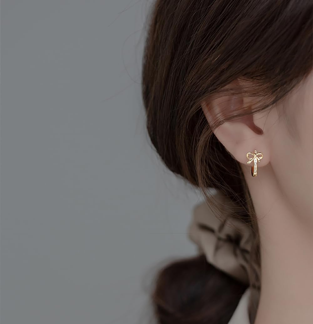 Reffeer Solid 925 Sterling Silver CZ Bow Hoop Earrings Ribbon for Women Teen Girls Bowknot Hoop Earrings Huggie - Image 2