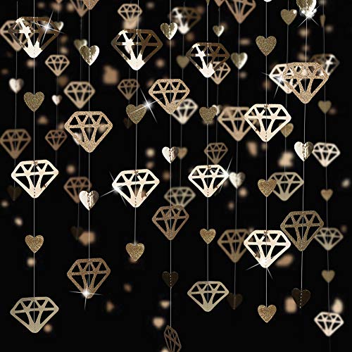 Image of 52 Ft Valentines Day Party Decorations Champagne Gold Heart Garland Hanging Paper Diamond Heart Streamer Banner for Engagement Bachelorette Bridal Shower Wedding Anniversary Mothers Day Birthday Party
