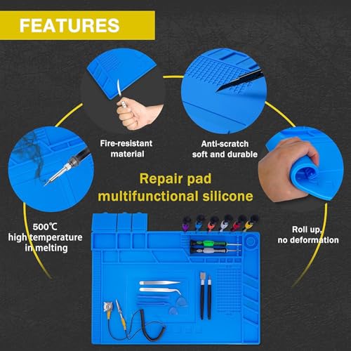 Image of XIKKART Silicone Magnetic Mat Rug For Laptop Mobile Repairing, 932F Heat Resistant Work Mat Large 17.8x11.8 inch Soldering Mat for Soldering, Cell Phone, Drone, Electronics (Blue, 30x45 Centimeter)