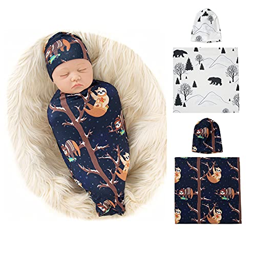 Image of Galabloomer Newborn Swaddle Blanket with Beanie Set Baby Boy Receiving Blanket