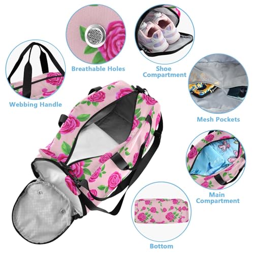 Rose Pink Leaf Kids Travel Duffel Bag for Boys Girls Overnight Weekend Tote Bag with Shoes Compartment for Sleepover Trip Beach4