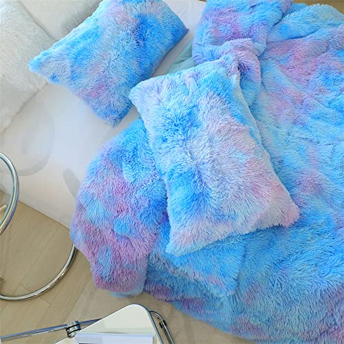 Roscloud Faux Fur Kids Girls Blue Rainbow Comforter Sets Twin/Full - 3Pc Bed Set Warm Comfortable Soft Plush Flannel Velvet Fluffy Fuzzy Bedding（Comforter X 1 Pillowcases X 2） #TOP5