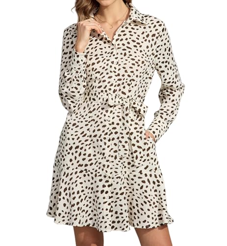 Image of Women's Long Sleeve Button Up Midi Belt Shift Collar Dress with Pockets for Work Office Business