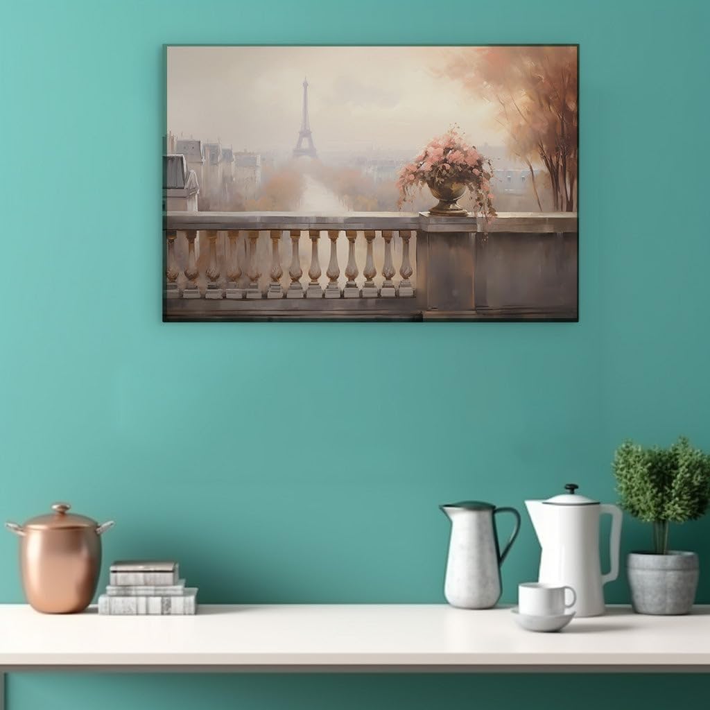 Canvas for Living room. Parisian Balcony Dreamscape with Eiffel Tower Elegance, 27 x 18 inch Canvas Wall Art - Inspirational Office Decor - 69x46 cm (27x18 inch)