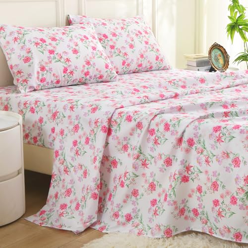 Image of MUXHOMO King Size 4 Piece Sheet Set, Soft & Breathable Sheet for Bedroom with Deep Pocket Up to 16 inch, Wrinkle-Free & Cooling Bed Sheets with Flat Sheet, Fitted Sheet & Pillowcases - Vibrant Blooming