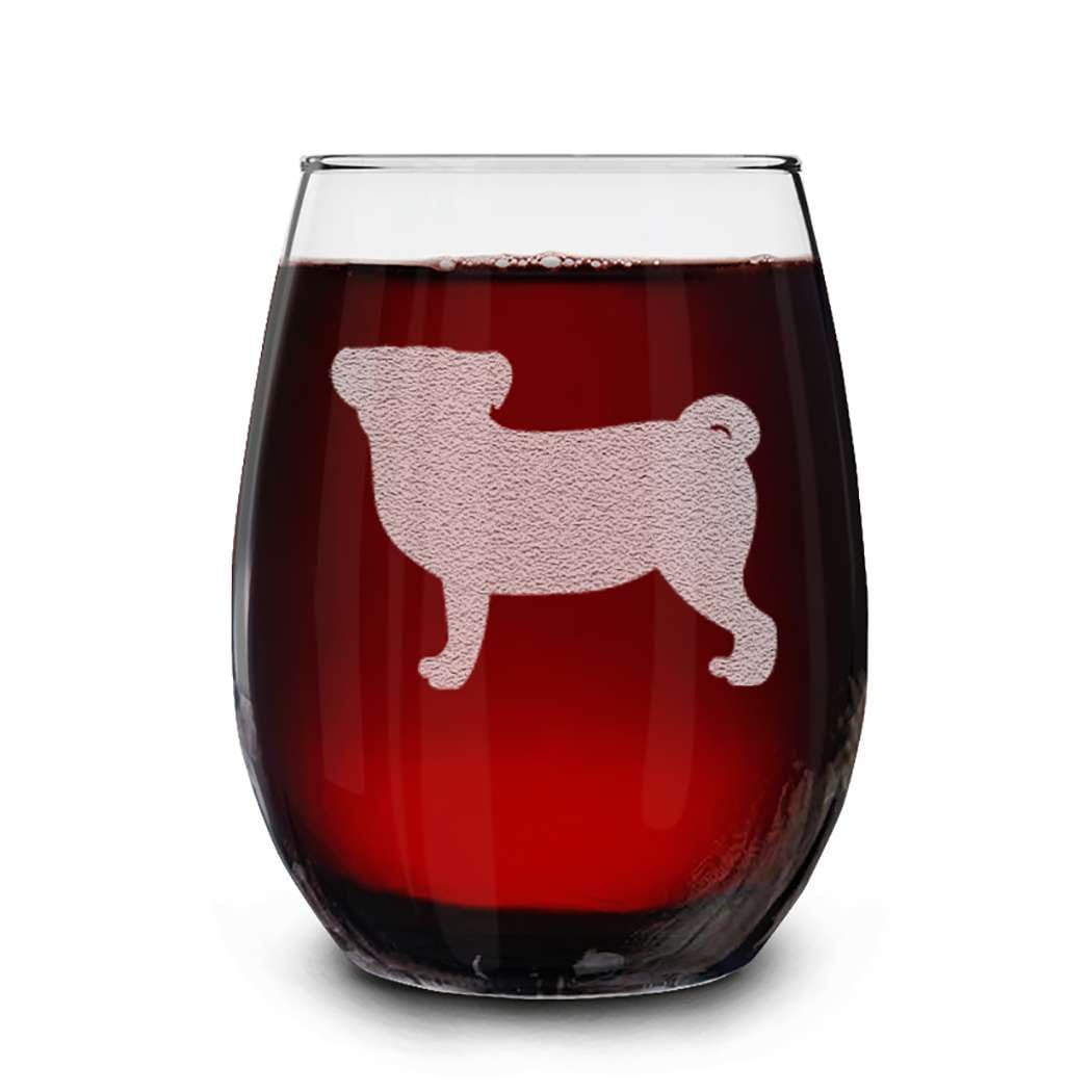 shop4ever Pug Dog Breed Engraved Stemless Wine Glass 15 oz. Dog Lovers Gift