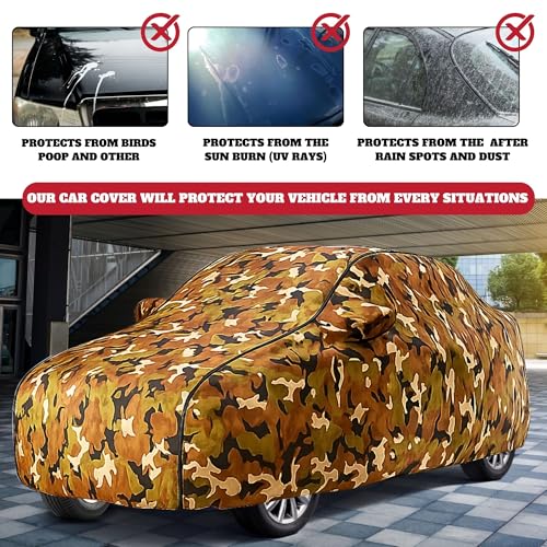 Image of 100% Waterproof Car Cover for Brezza UV Protection, Dustproof, Windproof | Custom Fit with Mirror Pockets, Belt & Buckle | All Weather Outdoor Body Cover (Jungle, Brezza)