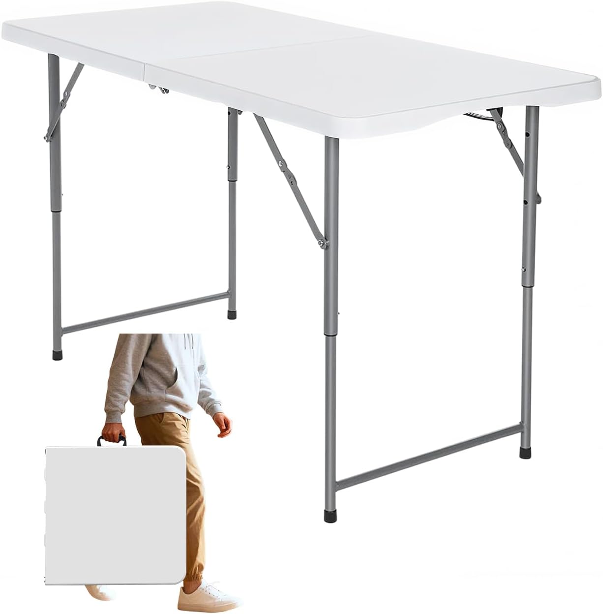 Folding Table 4 Foot Portable Heavy Duty Plastic Fold-in-Half Utility Table Small Indoor Outdoor Adjustable Height with Carrying Handle for Camping and Party, White