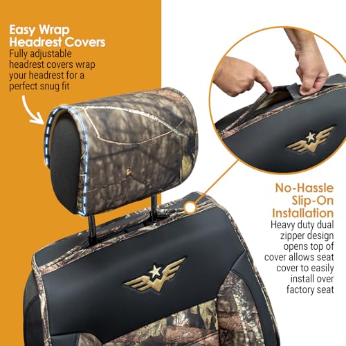 Image of Mossy Oak Heavy Duty Premium Truck Seat Covers for Front Seats, Fits Full-Size Truck SUV, Padded Seat Cover with Bottom Wrap-around, Front & Rear Storage Pockets,Front Seat Protector, Waterproof, 2 pc