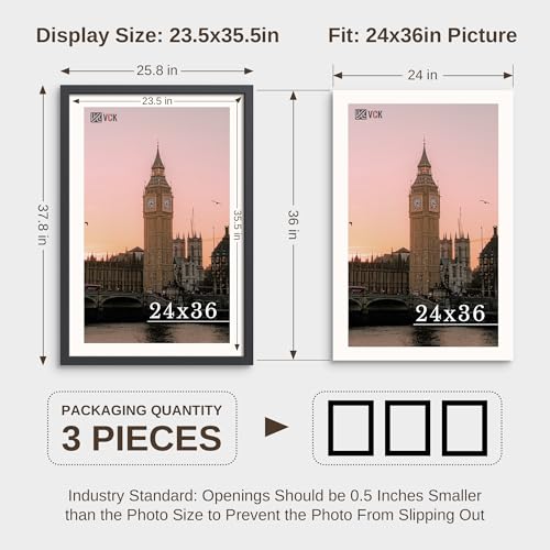 Image of VCK 24x36 Poster Frame 3 Pack - Solid Wood Black Picture Frames 24 x 36 Inches with Wall Mounting Hanging