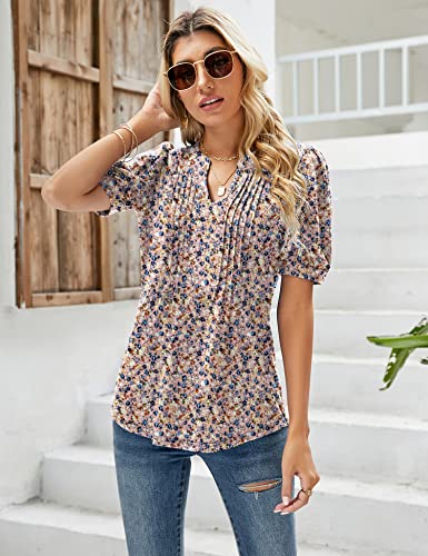 Micoson Womens Tops V Neck Summer Puff Short Sleeve Tshirts Fashion Casual Pleated Pullover Blouses Floral Pink L #TOP3