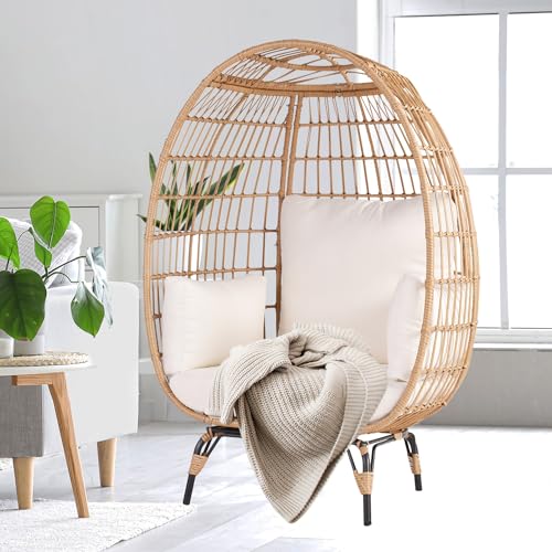 OTSUN Wicker Egg Chair, Oversized Egg Basket Chair for Living Room, Backyard, Outdoor Indoor Lounger with 4 Cushions, 440lb Capacity, Steel Frame, Ivory