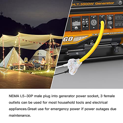 EXCELFU 30 Amp to 110 Adapter Generator Power Cord, 3 Prong 30 Amp to 15 Amp Generator Adapter, Nema L5-30P Male Twist-Lock Power Plug to 3X 5-20R Female with Lighted End - Image 4