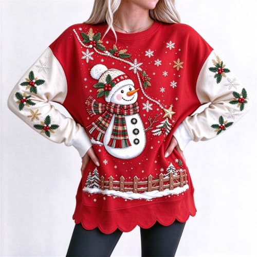 Christmas Sweatshirts for Women Graphic Scalloped Hem Crewneck Pullover | Winter Trends for Women 2026, Christmas, Snowman, Cotton, Cozy, Family, School, Weekend, Everyday, Travel, Casual, Work - image 3