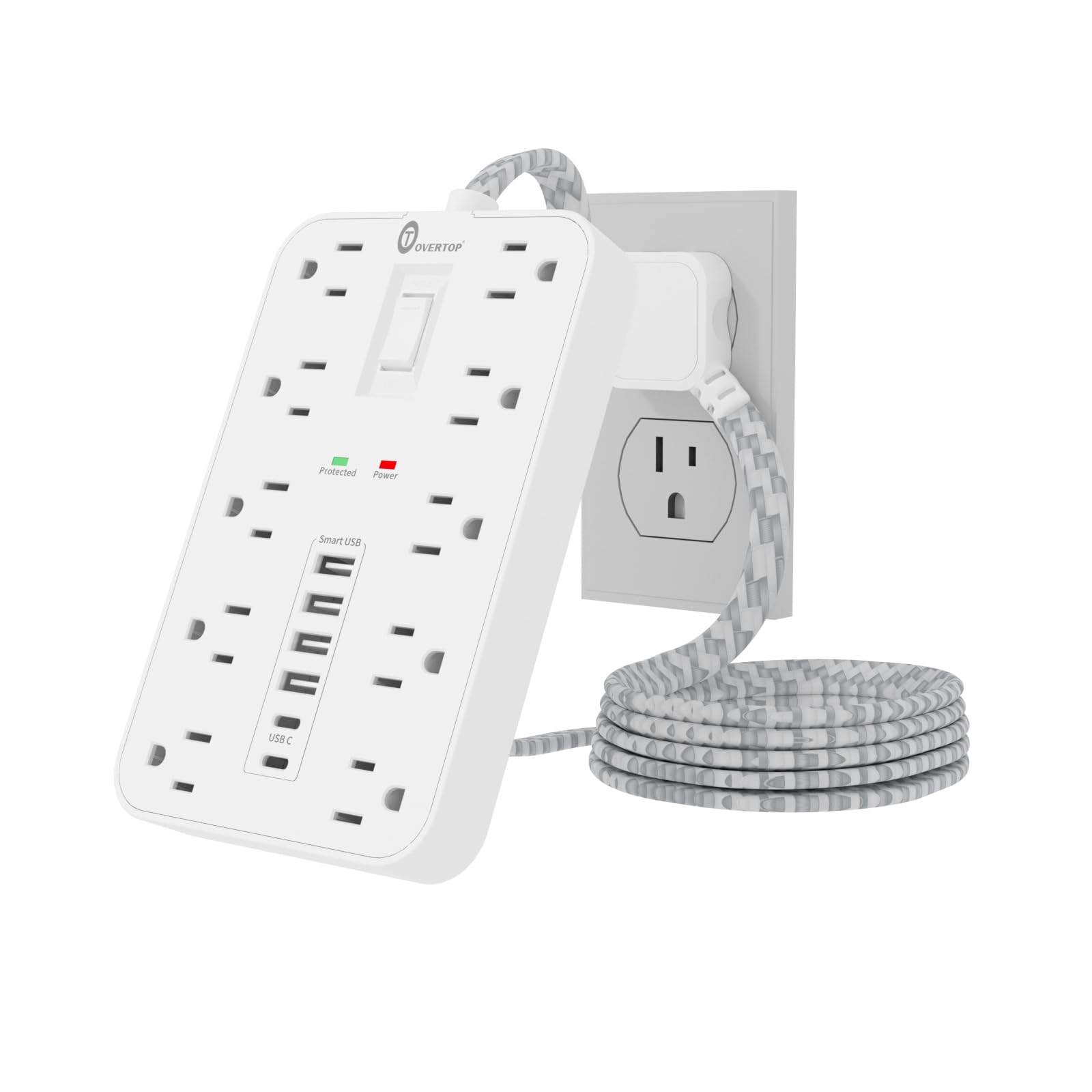 Overtop - Protector de sobretensión, cable de extensión trenzado de 5 pies, enchufe plano, 10 salidas ampliamente espaciadas con 6 puertos USB (2 USB C), estación de carga de computadora