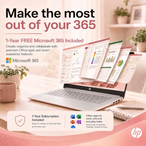 Image of HP Ultrabook Laptop, 8 GB RAM, Intel 4‑Core,1‑Year Microsoft 365, Fast Charge, WiFi 6, Win11 Home, No Mouse, Rose Gold
