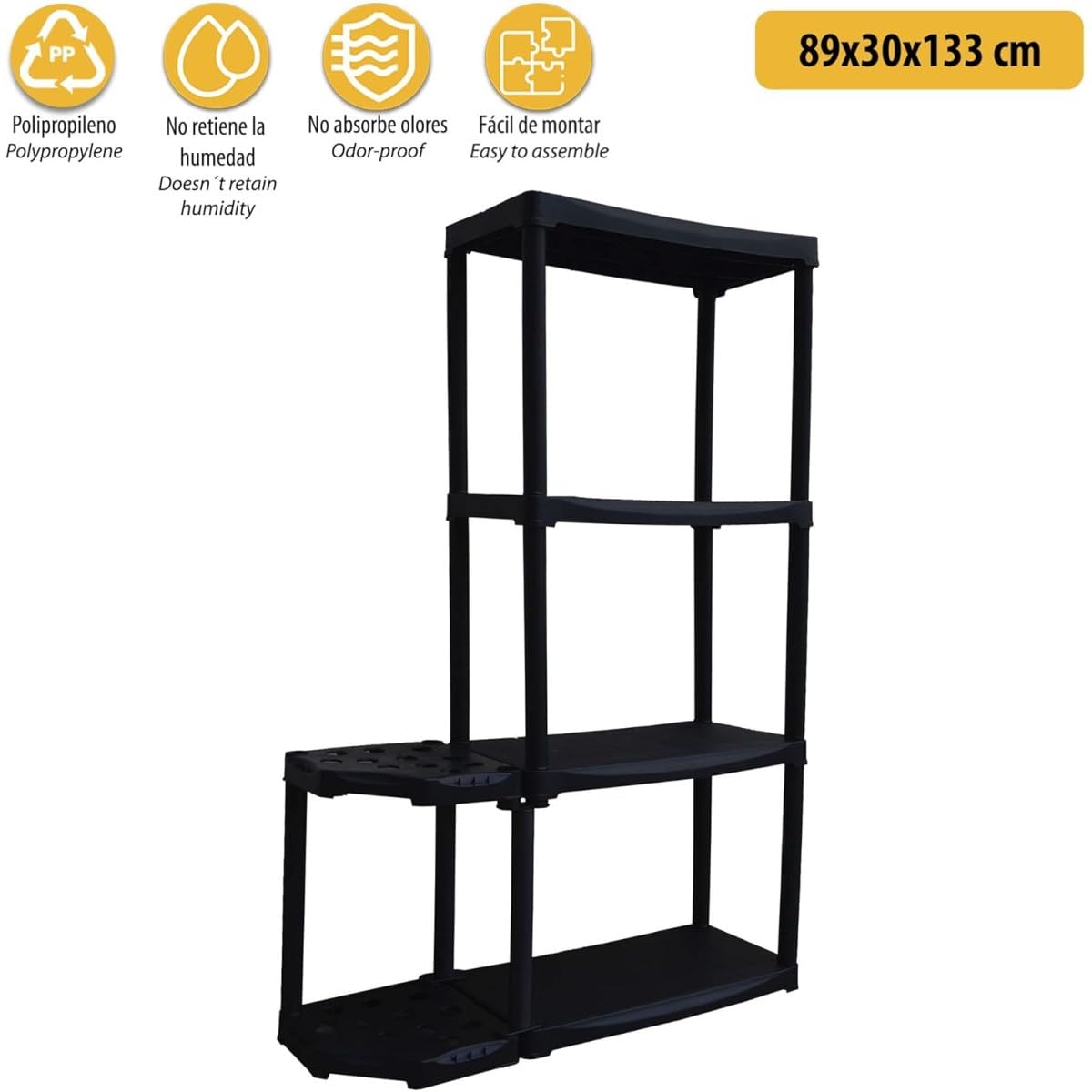 INTEC - Étagère de Rangement 4 Niveaux Noire modulable Polypropylène Résistant Garage Buanderie