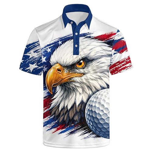 Qoekrfu 4th of July Golf Shirts for Men, Patriotic Polo Shirts Short Sleeve Quick-Dry Fit Performance American Eagle Polo Shirts for Men