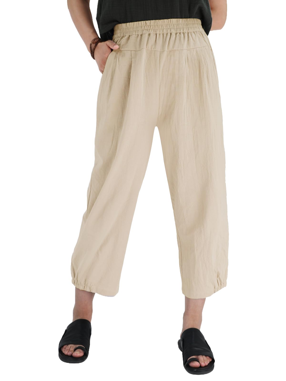 Les umes Pantaloni Donna Estivi Casual Cotone Elastici in Vita Pantalone Gamba Larga Leggeri con Tasche