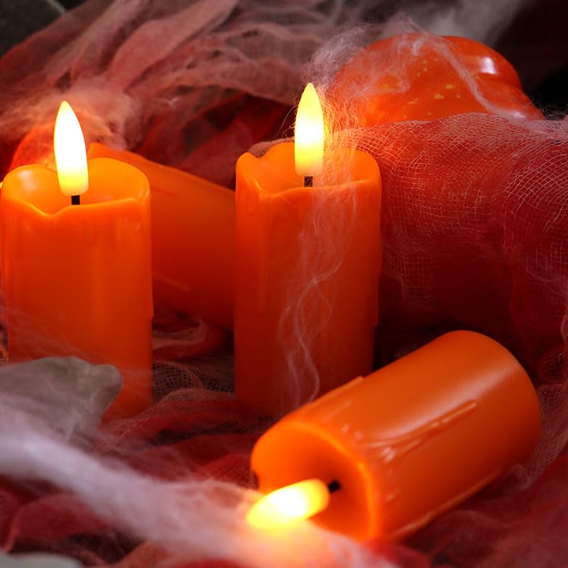 Image of 6 Pack LED Flameless Votives with Built-in Timer Realistic Black Wick Drips Battery Operated Electric Candle Set for Home Party Wedding Halloween Christmas Decorations 1.5 inch D x 3.5 inch H, Orange