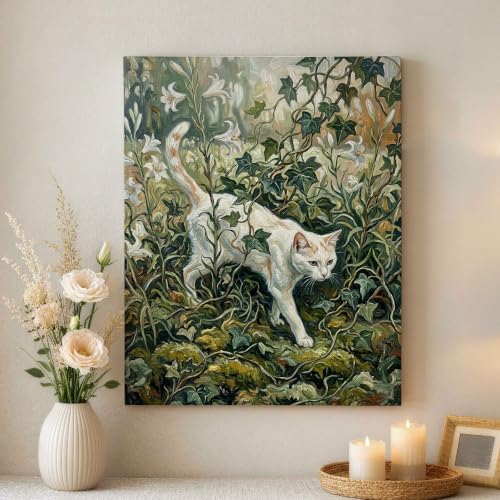 Lienzo de gato blanco floral que llena de paz, armonía y arte abstracto tu hogar