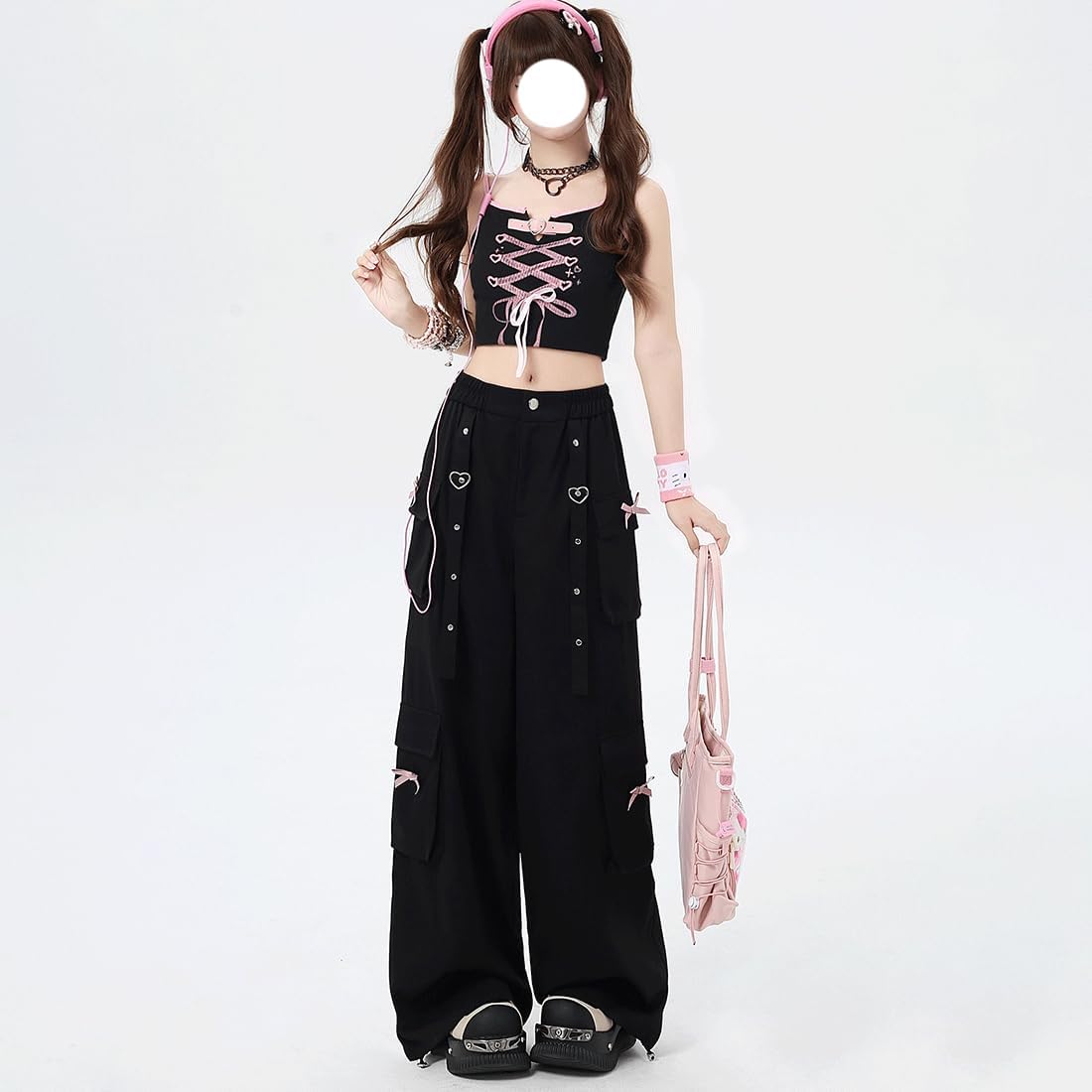 Y2K Grunge Kawaii Gothic Clothes Loose Straight Wide Leg Vintage Bows Rivet Ribbon Decor Casual Cargo Pants - Image 6