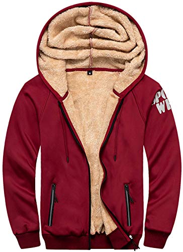 VSUSN Felpa con Cappuccio da Uomo Spesso Giacca con Cappuccio Manica Lunga Hoodie Oversize Pullover con Cerniera Cappotto Invernali Caldo Felpe con Cappuccio in Pile Foderato(Vino Rosso,2XL)