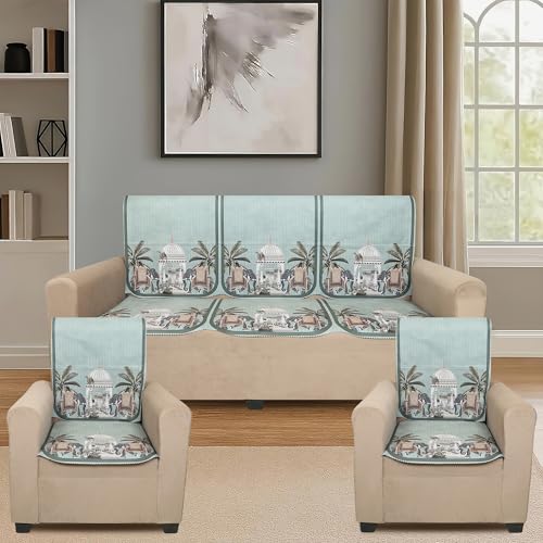 Image of Velvet Single Seater Sofa Cover with 2 Seat and Back Covers - Elephant Dome Design - Washable Fabric - Stylish Sofa Cover for Modern Living Room (Green, 1 Seater Without Arm Covers)