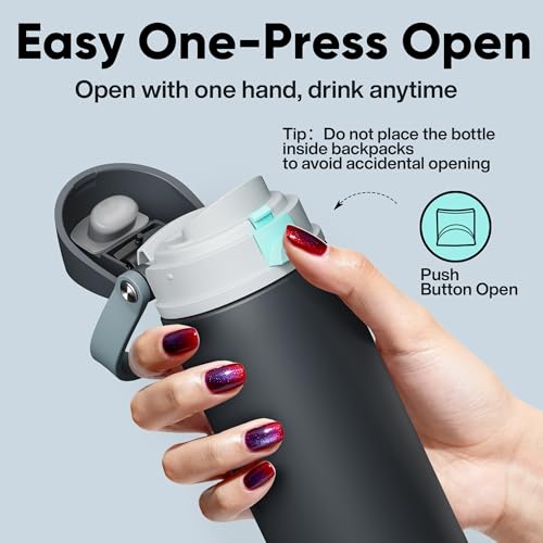 Image of Insulated Water Bottle with Straw - Encool Stainless Steel Water Bottle with Push Button Lid, Leak-Proof & BPA-Free, Keeps Cold for 24 Hours for Sports, Travel, Gym (32 oz, Tuna Grey-Green)