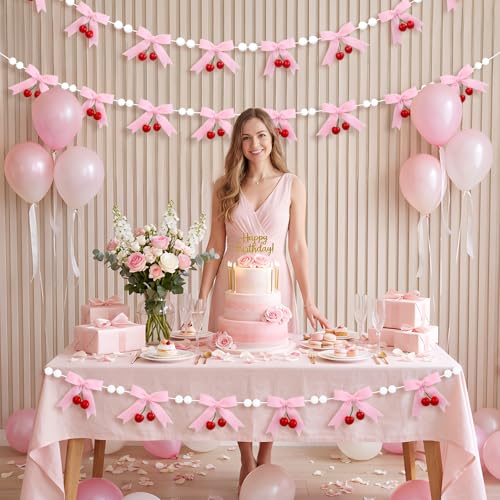 Flair Gifts 2-Pack 8ft Pink Cherry Bow Felt Garland, Coquette Aesthetic Nursery Decor, Handmade Wool Banner for Girls First Birthday, Baby Shower, Spring Party Decorations, Mantel Wall Hanging by FLAIR GIFTS - Used condition - Image 3