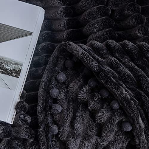 Dissa Fleece Blanket Throw Size – 51X63, Wide Stripe, Black – Soft, Plush, Fluffy, Fuzzy, Warm, Cozy – Perfect Throw For Couch, Bed, Sofa - With Pompom Fringe - Flannel Blanket Throw Blanket #TOP2