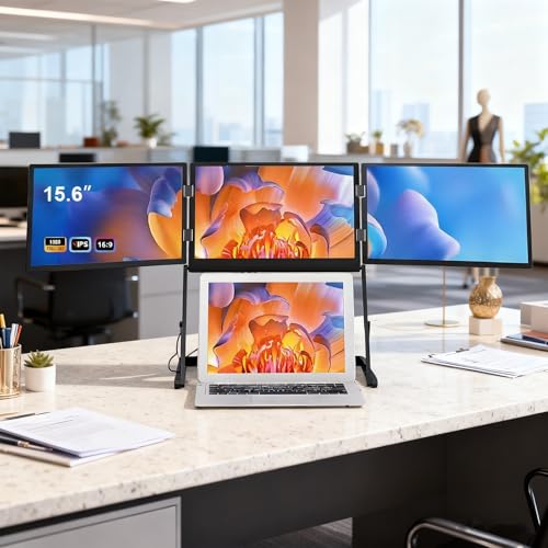 Image of Triple Screen Portable Monitor, 15.6 inch Laptop Tri-Fold Monitor, 1080p Fhd Extended Laptop Screen Extender with 360 Rotation Adjustable Viewing Angles