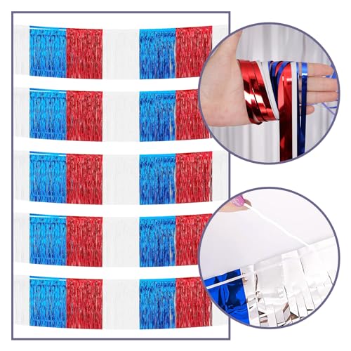 Image of 4th of July Decorations 5 Pack 10 Feet 4th of July Foil Fringe Garland Tinsel Streamers Patriotic Parade Float Fringe Star Hanging Backdrop Banner Table Skirts for Memorial Day Independence Day