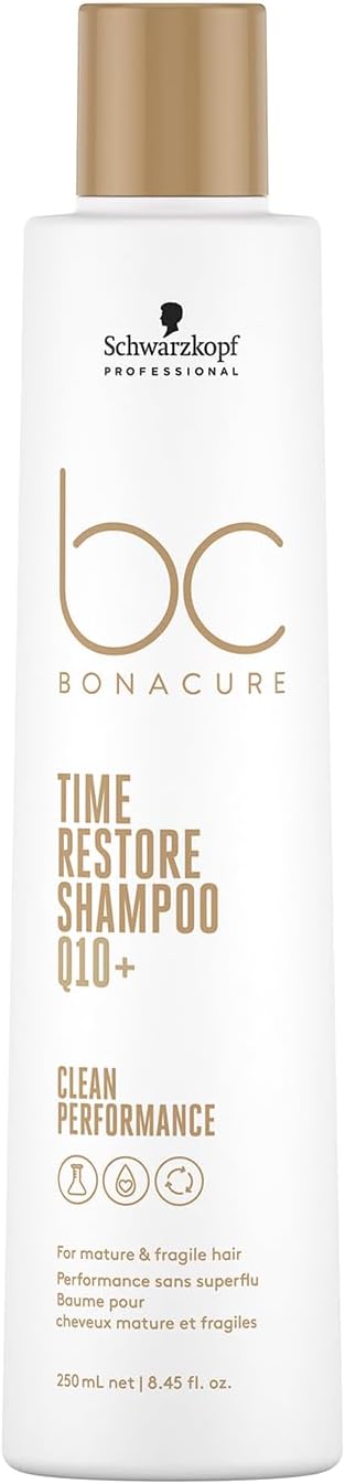 Schwarzkopf Professional Bonacure Time Restore Shampoo For Mature Fragile Hair Vegan Care Complex Q10+ Erases Visible Signs Of Ageing Elasticity Resistance Vitality Cleansing Moisturizing 250 ml