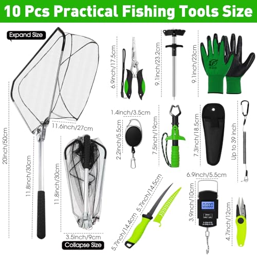 Image of RoundFunny 10 Pcs Fishing Tool Kit, Fishing Pliers with Lanyard and Protective Sheaths, Landing Net, Fillet Knife, Fish Scale, Gripper, Hook Remover, Braid Scissors, Gloves for Men Dad Gift