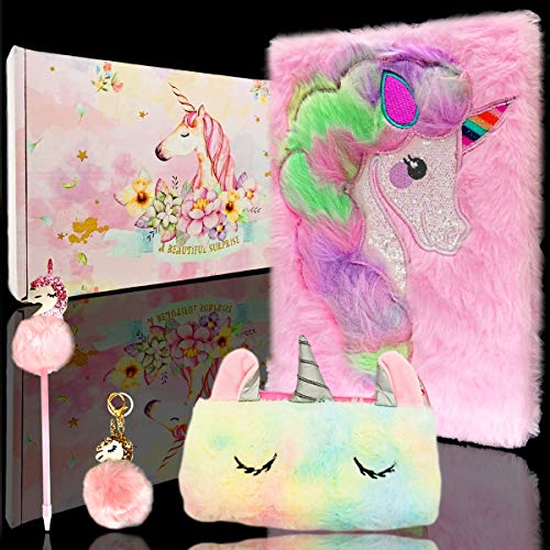 Qianqian Cuaderno de Peluche de Unicornio, Papelería de Unicornio, Diario de Niña, Cuaderno Escolar de Diario de Unicornio, Adecuado para Niñas de Todas Las Edades con Juguetes para Escribir.