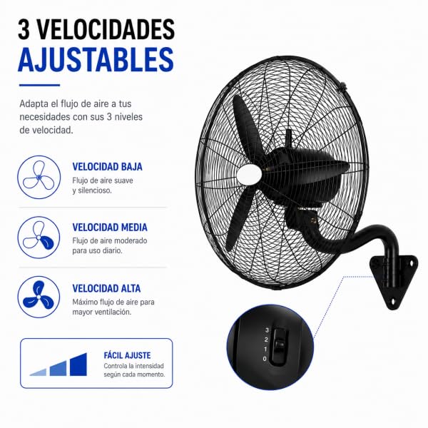 Bilake Ventilador Industrial Pared Negro Metal | Oscilante, Orientable y Ajustable | 3 Velocidades, 3 Palas, Silencioso | Almacenes, Gimnasios, Colegios, Fábricas (Ø71 cm | 240W | Botones Integrados)