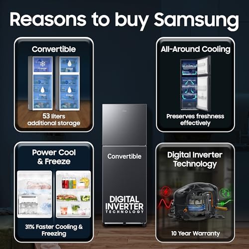 Image of Samsung 236 L, 3 Star, Convertible, Digital Inverter Frost Free Double Door Refrigerator (RT40H28U3FHL, Black DOI, 2026 Model)