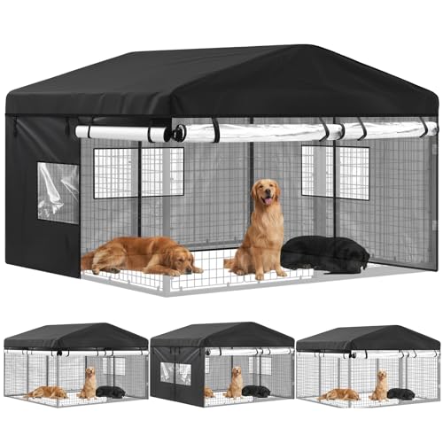 Chunm Outdoor Dog Kennel Cover 8'D x 8'W x 5'H Full Coverage with Clear PVC Window 600D Oxford Fabric Windproof Waterproof Protection Anti UV for Dog Kennels, Cover Only