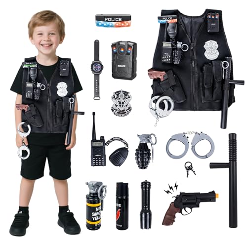 KalaDuck Disfraz Policía Niños, Juego de Rol de Policía Uniforme con 12Piezas Juguetes Accesorios, Infantil Halloween Disfraz de Regalo