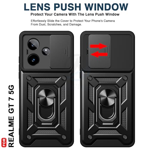 Image of AESTMO Tough Armor Realme GT 7 5G / Realme GT 7T 5G / GT 7 Dream Edition Bumper Back Case Cover | Ring Holder & Sliding Camera Shield Cover | 360 Degree Protection Back Case Cover (Black)