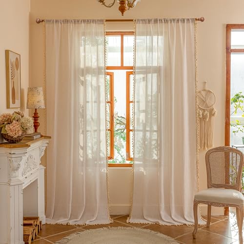 Image of MYSKY HOME Natural Macrame Curtains 96 Inch Length for Living Room, Farmhouse Bohemian Vintage Back Tab，Light Filtering Privacy Protect Drapes for Bedroom, 50 inch Wx96 inch L, Natural, 2 Panels