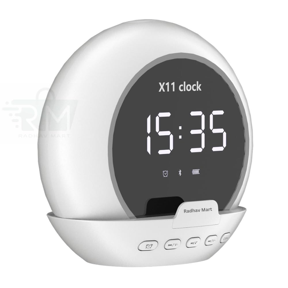 Radhav Mart Digital Alarm Clock for Students & Deep Sleepers — Compact LED Table Clock with Bluetooth Speaker, Phone Holder, Pen Stand for Bedroom, Study, Home Desk (Elliptical Shape, White) 3