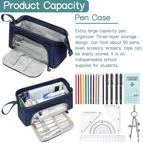 Image of Large Capacity Pencil Case Big Pencil Pouch Special Aesthetic School Pen Bag for Girls Teen Nurse Adults Kids Soft Organizer With Zipper Cute Travel Pencil Pouches Estuche Para Lapices Blue
