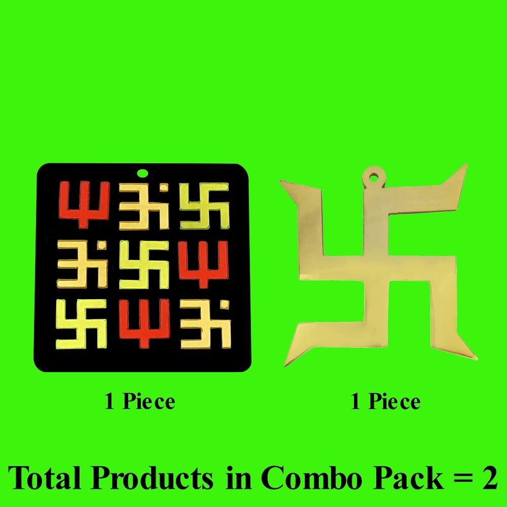 Divya Mantra Swastik Pure Brass Gold Hanging Trishakti Yantra for Car Home Wall Decor Temple Pooja Items Decorative Showpiece Vastu Yoga Symbol Shiva Trishul, Om, Lucky Swastik -Multi -Set of 2 - Image 2 thumbnail